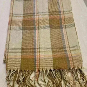 Scarf tan plaid 70 inches long 27 inches wide. Previously owned
